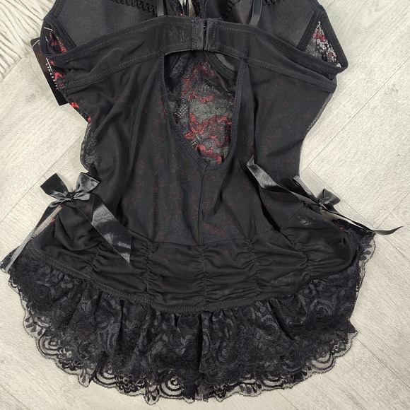 Nwts! Rene Rofe Women's Large Metalic Red & Black Lace Floral Lingerie With Bows - Picture 14 of 16